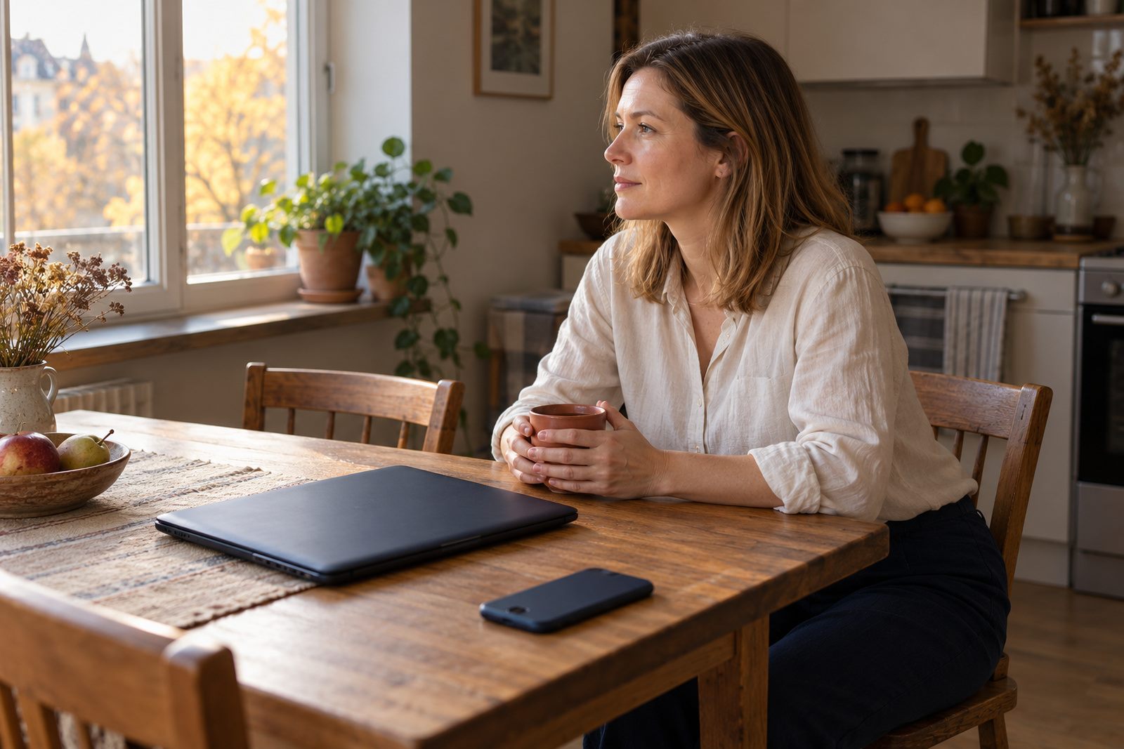 Žena sedí u kuchyňského stolu u okna s hrnkem v rukou; vedle leží zavřený notebook a telefon displejem dolů.
